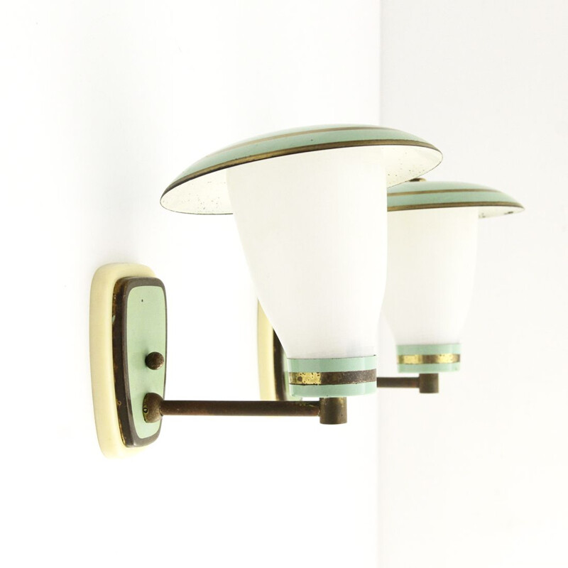 Pair of white opaline diffuser vintage wall lamp, 1950