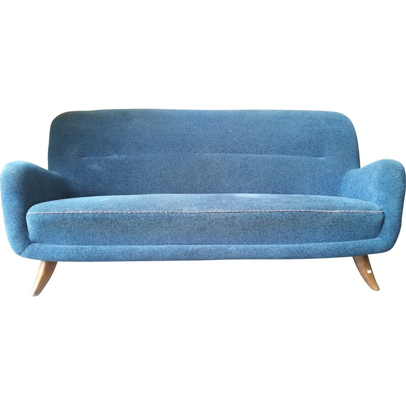 3 seater blue vintage sofa in velvet fabric, 1950