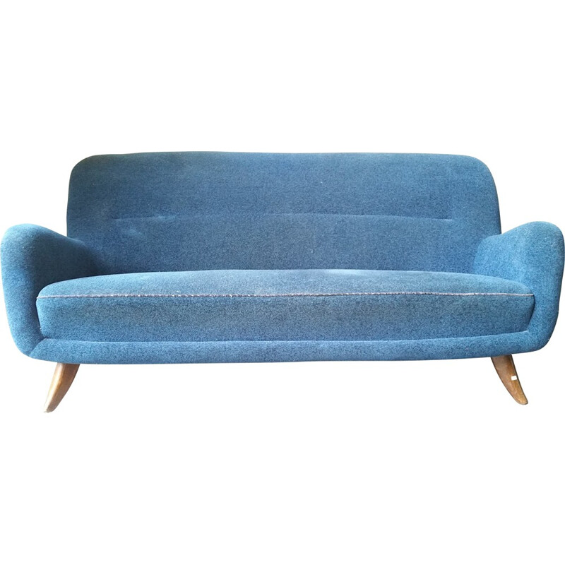 Canapé 3 places vintage bleu en tissu velours - 1950