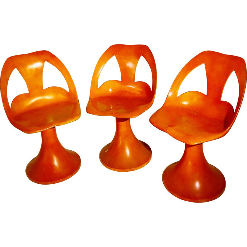 Suite de 3 chaises vintage orange 1970