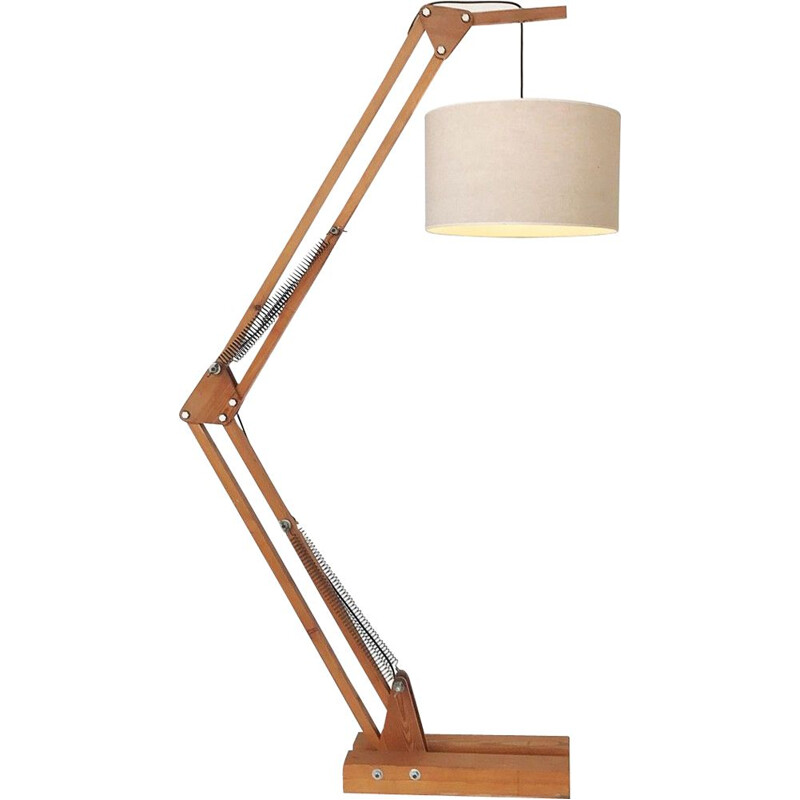 Articulated oak floor lamp vintage French Daniel Pigeon 1960