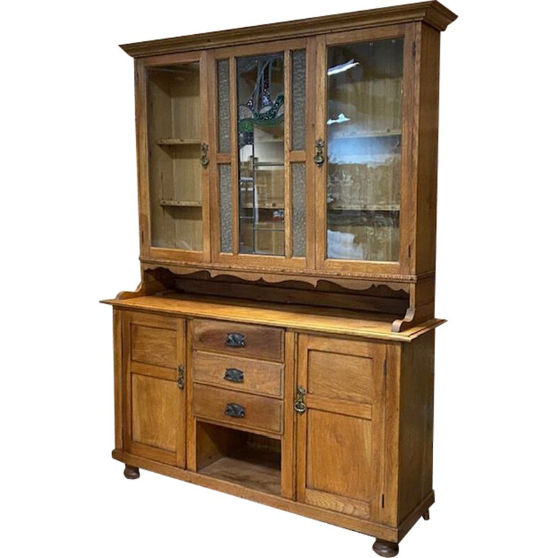 Early 20th century English china cabinet in blond oak