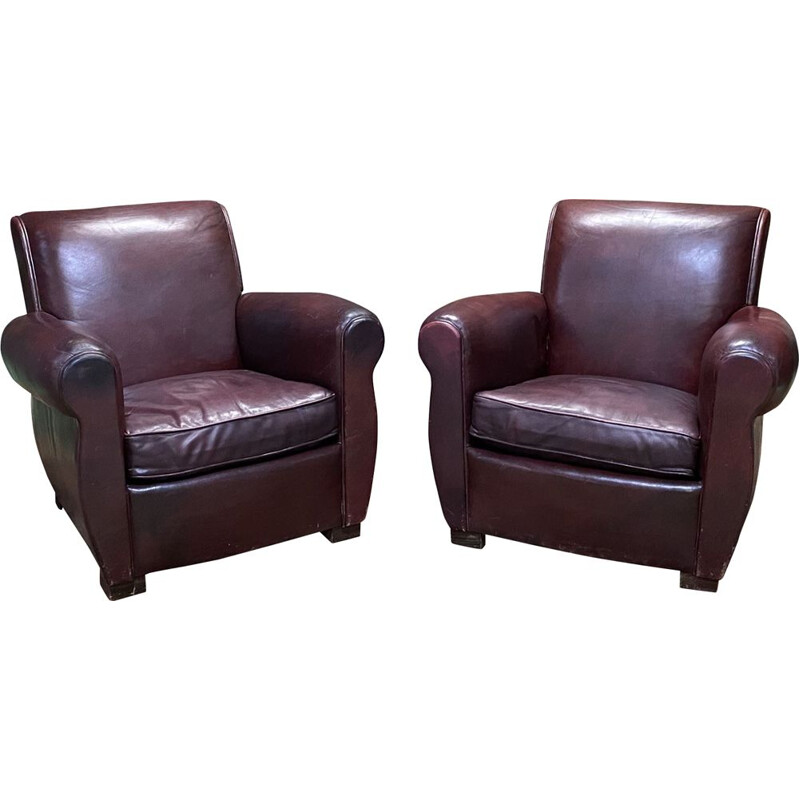 Pair of vintage burgundy leather club chairs 1950's