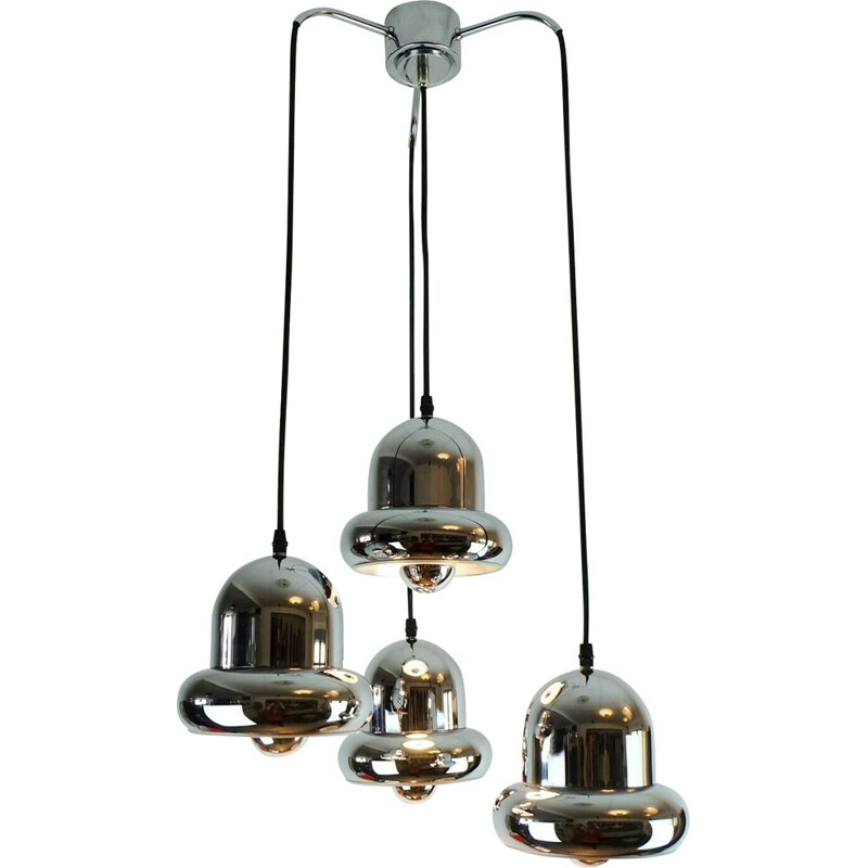 Suspension vintage space age 4-lumière lampe en cascade métal chromé 1960 -70