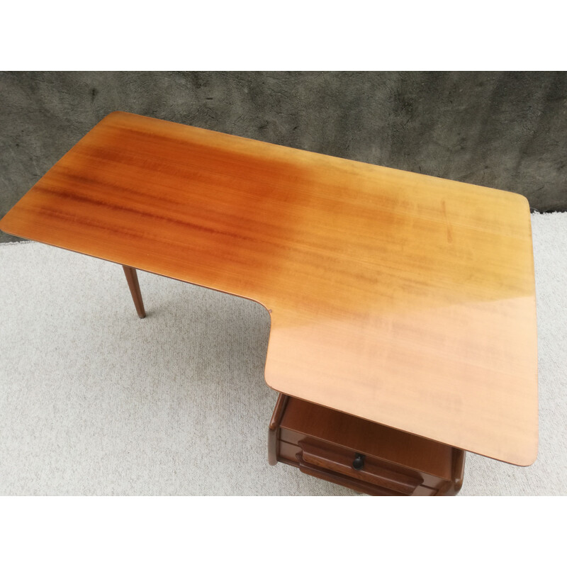 Vintage teak veneer desk by Jacques HAUVILLE - 1950