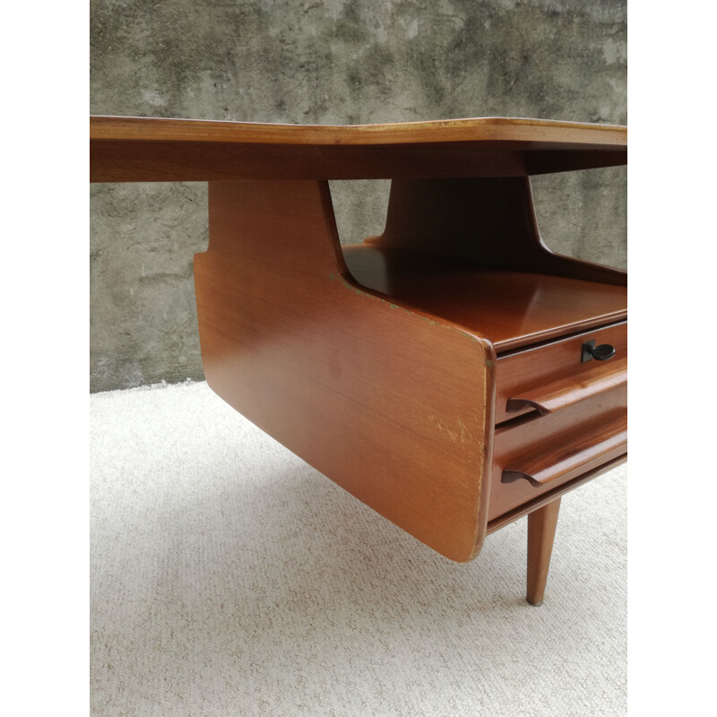 Vintage teak veneer desk by Jacques HAUVILLE - 1950
