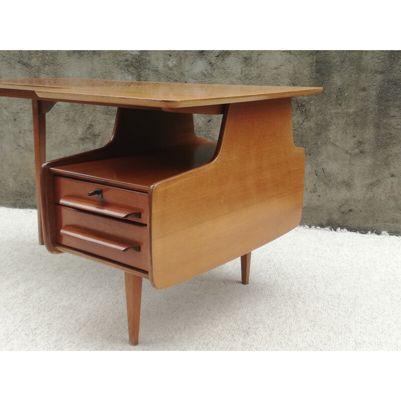 Vintage teak veneer desk by Jacques HAUVILLE - 1950