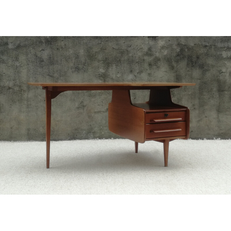 Vintage teak veneer desk by Jacques HAUVILLE - 1950