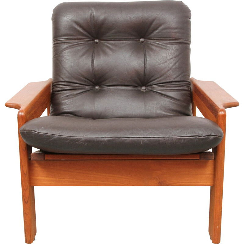 Scandinavian vintage armchair in dark brown leather and teak for ECM Möbler, Denmark 1970