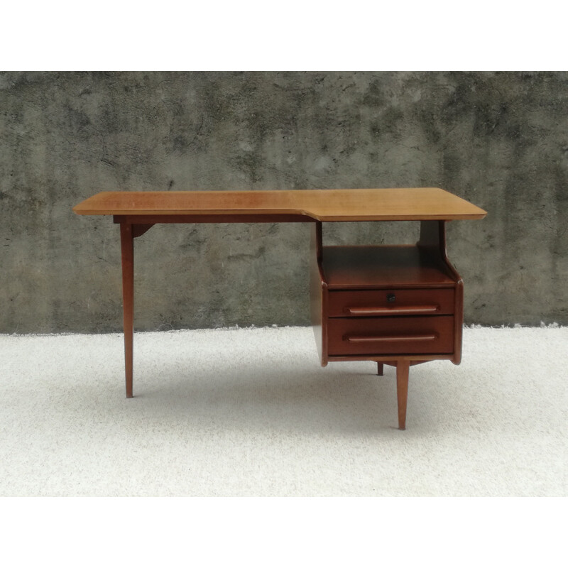 Vintage teak veneer desk by Jacques HAUVILLE - 1950