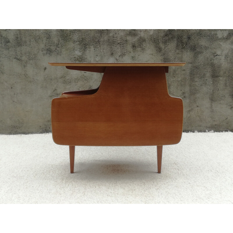 Vintage teak veneer desk by Jacques HAUVILLE - 1950