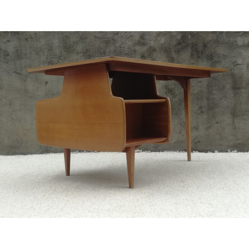 Vintage teak veneer desk by Jacques HAUVILLE - 1950