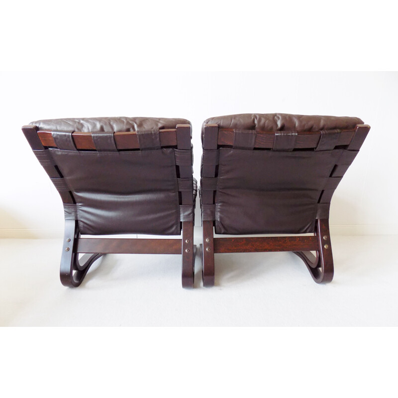 Paire de fauteuils de salon vintage en cuir brun Kengu de Elsa et Nordahl Solheim pour Rykken