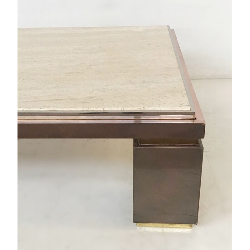 Vintage Coffee Table in Copper, Brass and Travertine by Belgo Chrome 1980