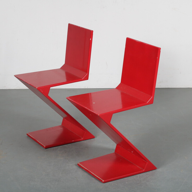 Pair of vintage Zigzag chairs by Gerrit Rietveld Netherlands 1970