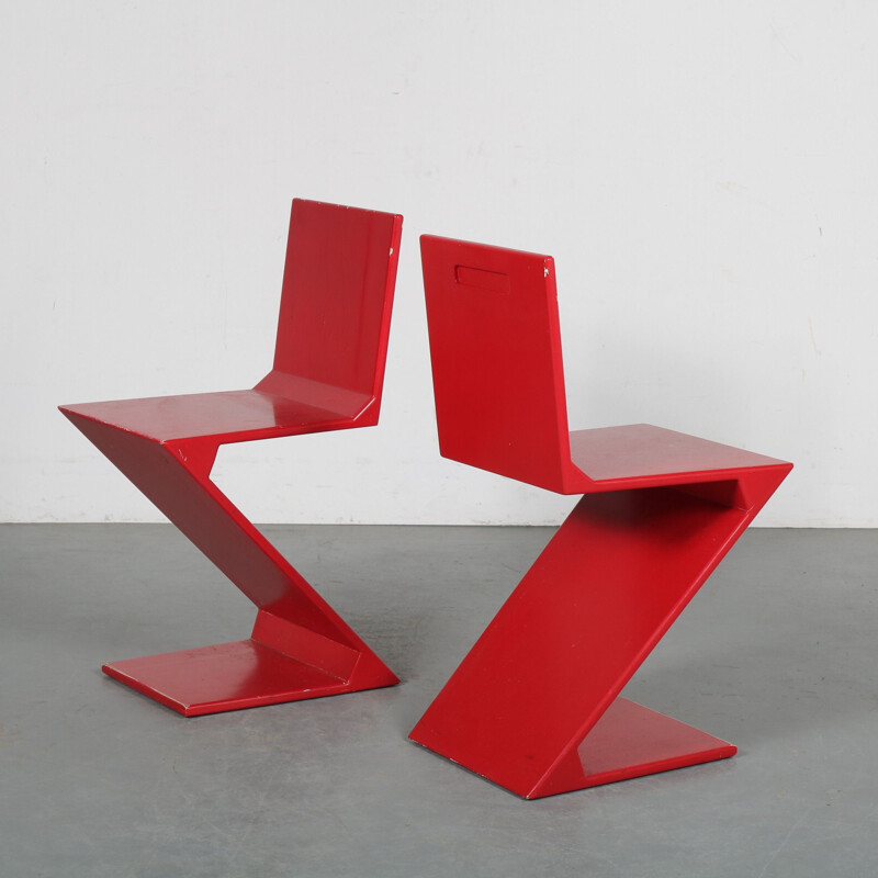 Pair of vintage Zigzag chairs by Gerrit Rietveld Netherlands 1970