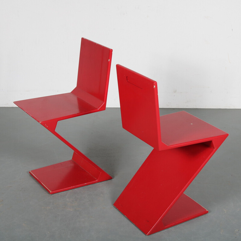 Pair of vintage Zigzag chairs by Gerrit Rietveld Netherlands 1970