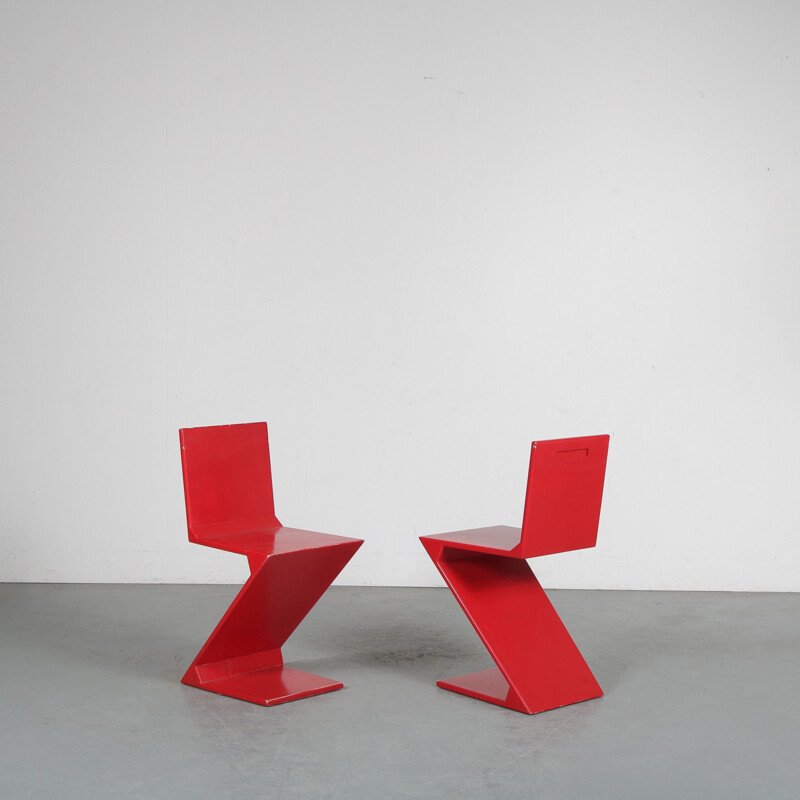 Pair of vintage Zigzag chairs by Gerrit Rietveld Netherlands 1970