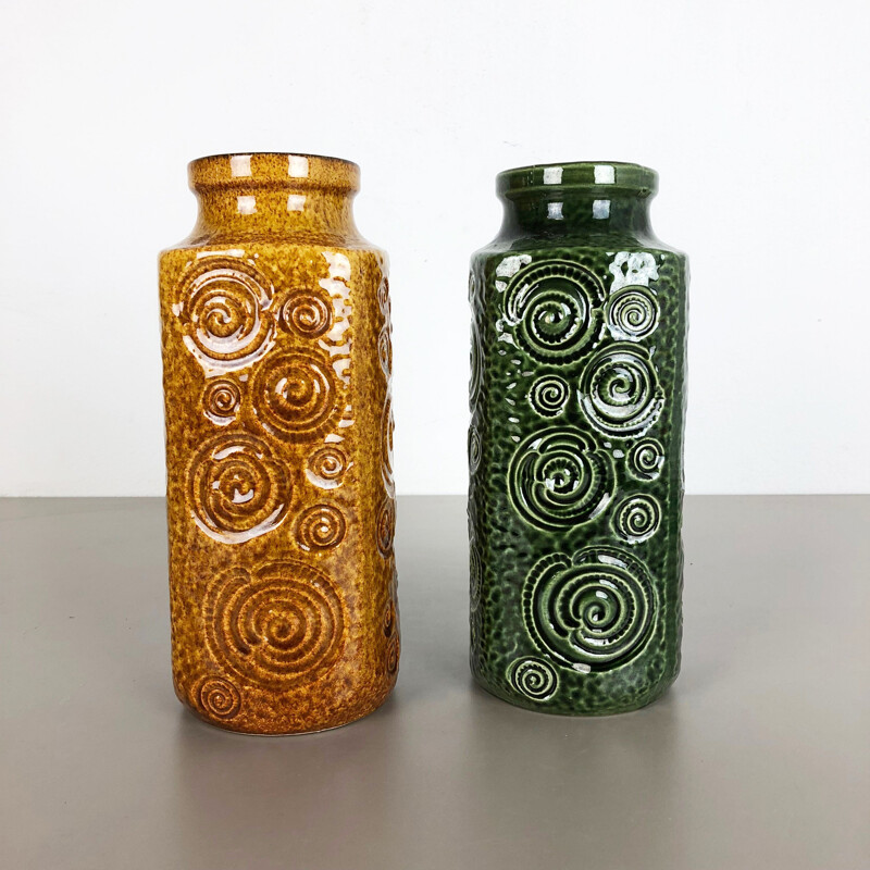 Pair of vintage Jura vases in fat lava ceramic by Scheurich, Germany 1970