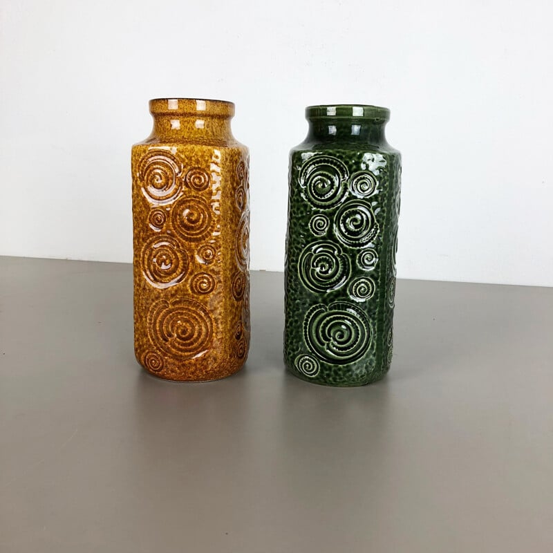 Pair of vintage Jura vases in fat lava ceramic by Scheurich, Germany 1970