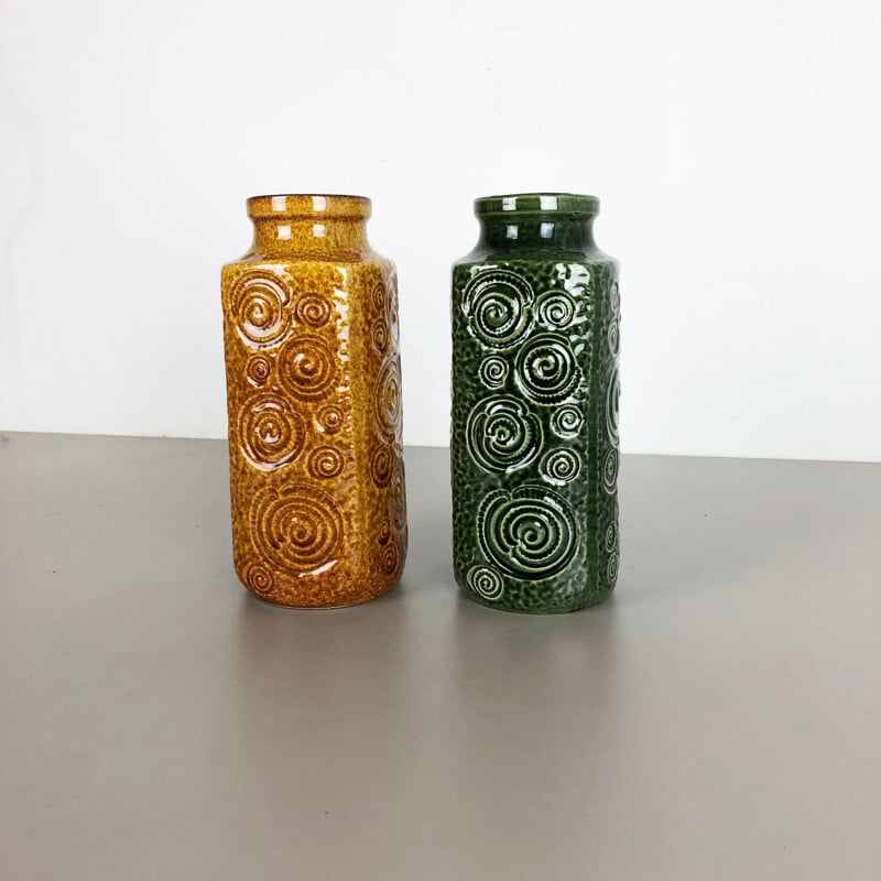 Pair of vintage Jura vases in fat lava ceramic by Scheurich, Germany 1970