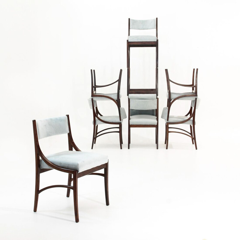 8 chairs in azure velvet by Ico Parisi for Spartaco Brugnoli, 1950s