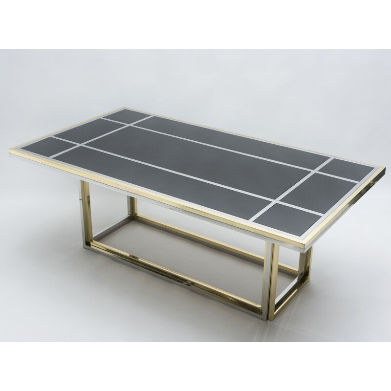 Vintage table in chrome, brass and black glass by Romeo Rega for Metalarte, 1970