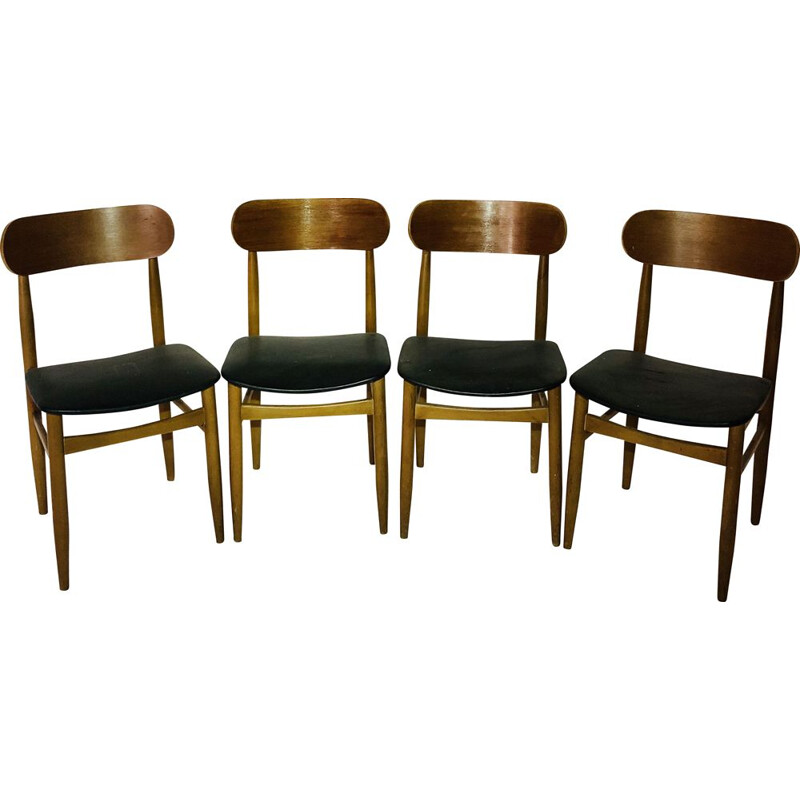 Suite of 4 vintage Scandinavian teak chairs and black leatherette