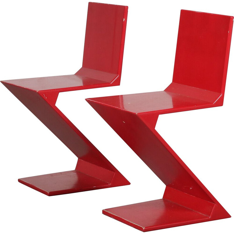 Pair of vintage Zigzag chairs by Gerrit Rietveld Netherlands 1970
