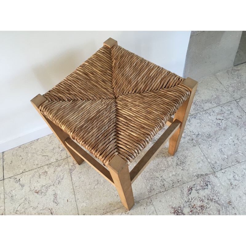 Vintage Geometric Stool in straw and Solid Beech 