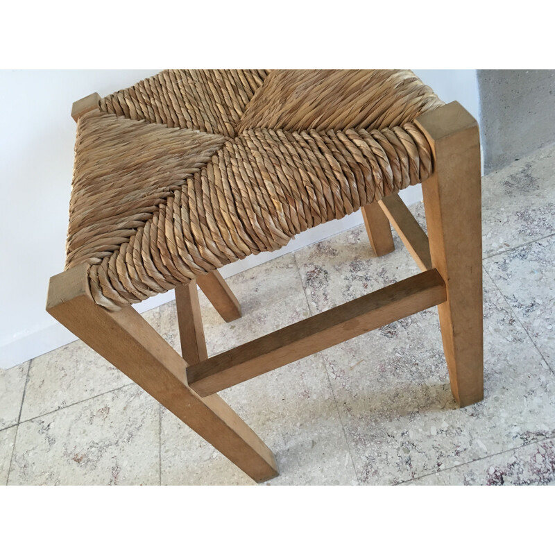 Vintage Geometric Stool in straw and Solid Beech 