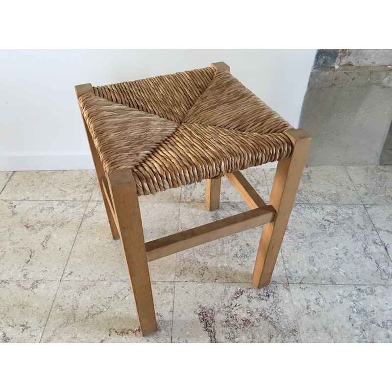 Vintage Geometric Stool in straw and Solid Beech 