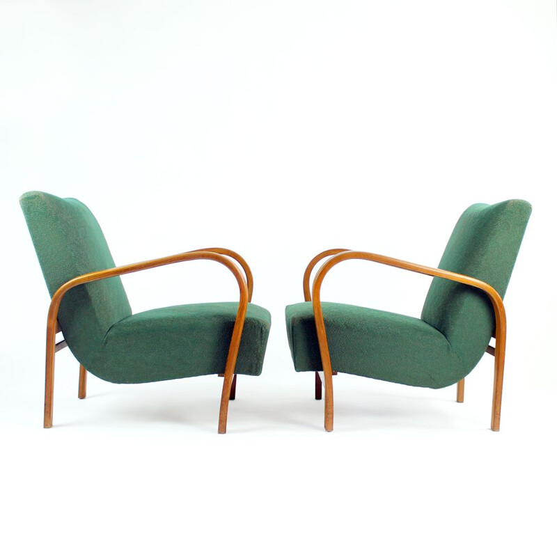 Set of 2 vintage armchairs in Geen fabric and oak from Kropacek and Kozelka, Czechoslovakia 1940