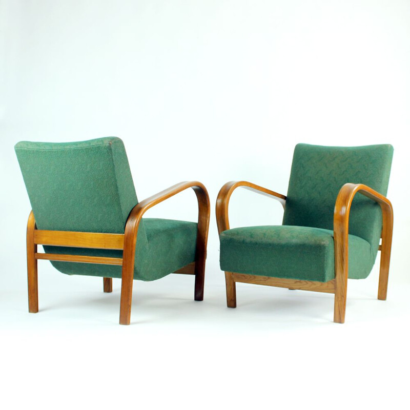 Set of 2 vintage armchairs in Geen fabric and oak from Kropacek and Kozelka, Czechoslovakia 1940