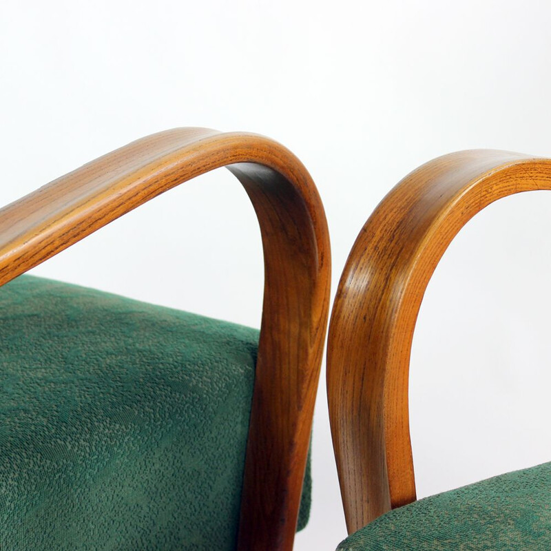 Set of 2 vintage armchairs in Geen fabric and oak from Kropacek and Kozelka, Czechoslovakia 1940