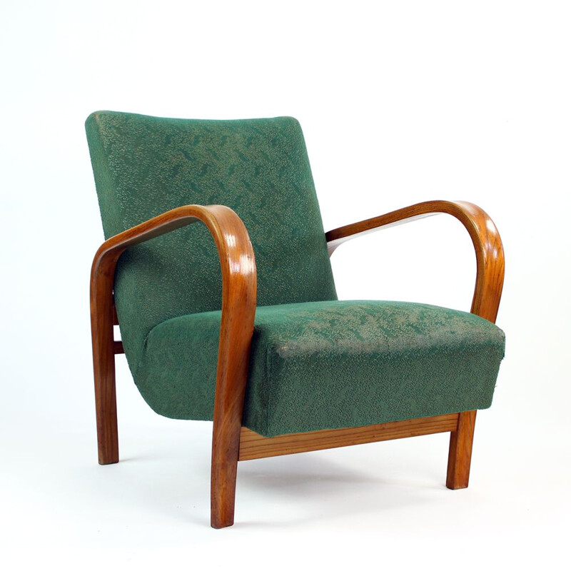 Set of 2 vintage armchairs in Geen fabric and oak from Kropacek and Kozelka, Czechoslovakia 1940