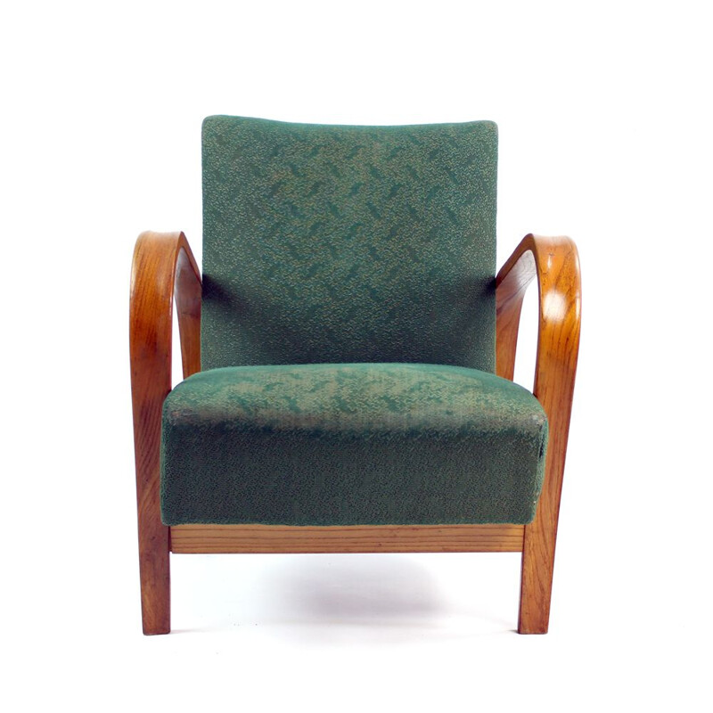 Set of 2 vintage armchairs in Geen fabric and oak from Kropacek and Kozelka, Czechoslovakia 1940