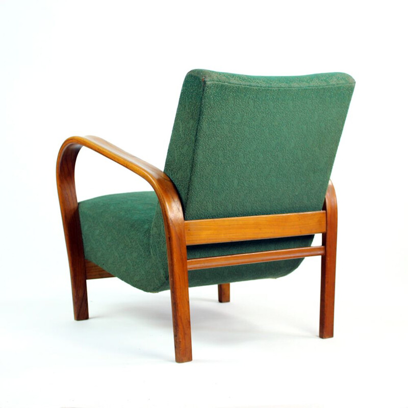 Set of 2 vintage armchairs in Geen fabric and oak from Kropacek and Kozelka, Czechoslovakia 1940