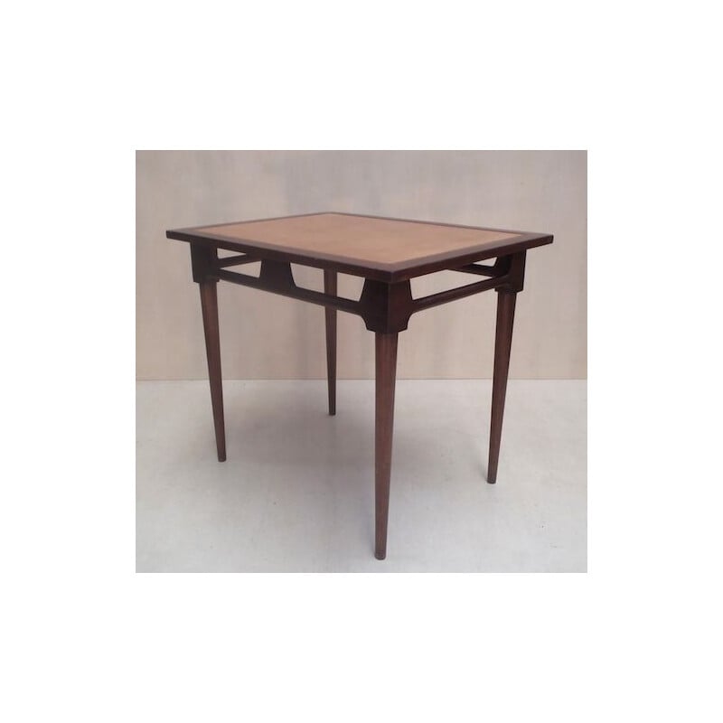 Vintage rectangular side table in varnished solid mahogany and natural leather, 1940
