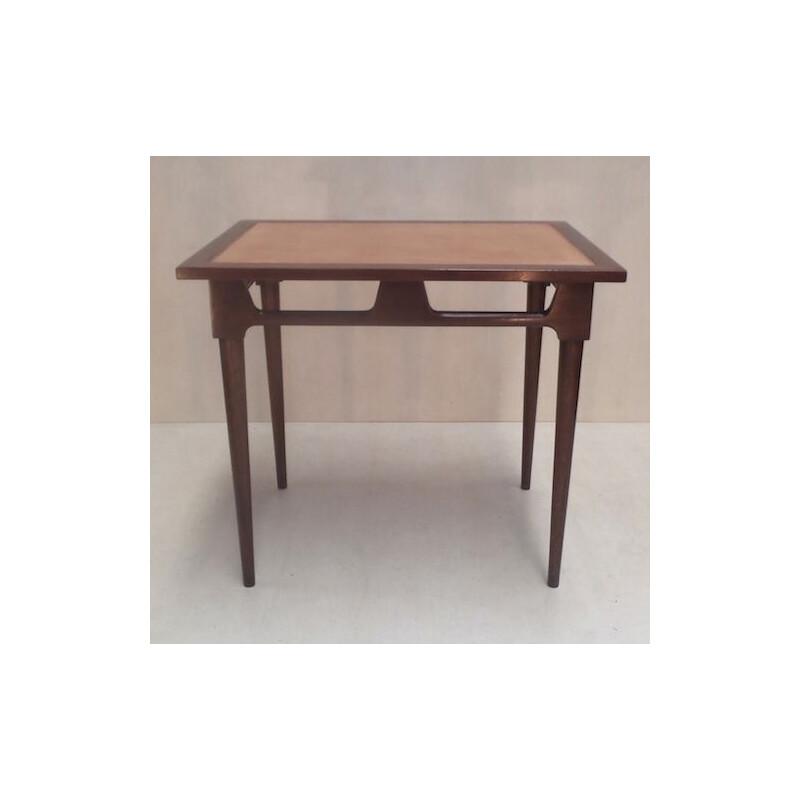 Vintage rectangular side table in varnished solid mahogany and natural leather, 1940