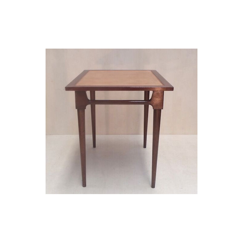 Vintage rectangular side table in varnished solid mahogany and natural leather, 1940