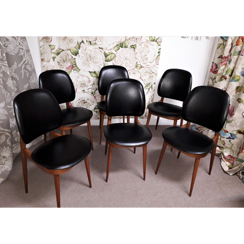 Set of 6 vintage dining room chairs Black leatherette seats and backrests