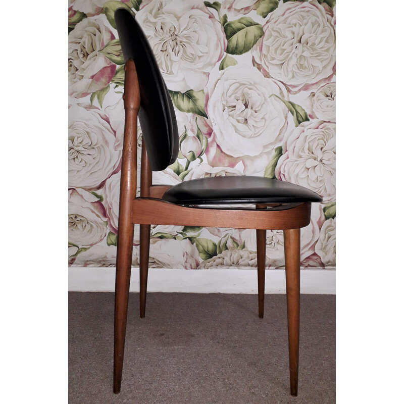 Set of 6 vintage dining room chairs Black leatherette seats and backrests