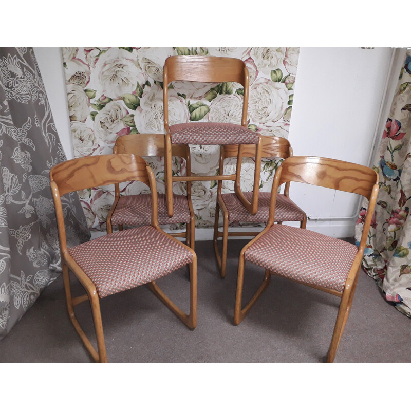 Set of 5 vintage dining room chairs Solid blond wood structure 1960