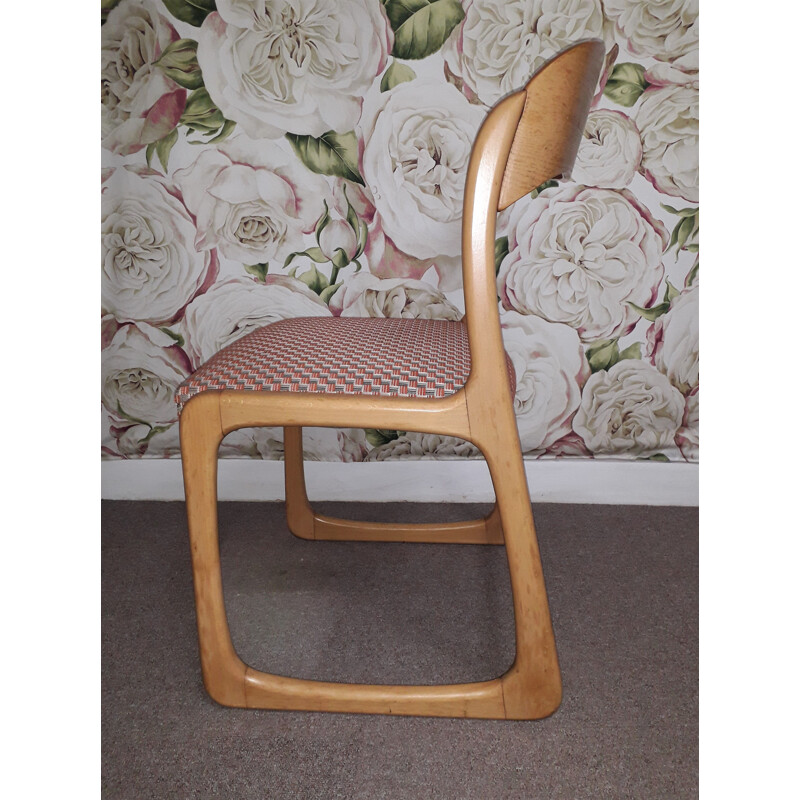 Set of 5 vintage dining room chairs Solid blond wood structure 1960