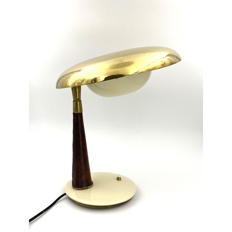 Arredoluce Mid-century Brass and Leather Executive Desk Lamp, Angelo Lelii 1956