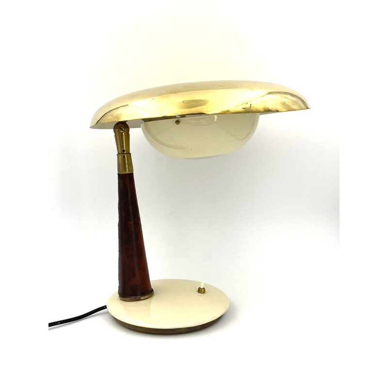 Lampe de bureau vintage de direction en laiton et cuir  Angelo Lelii 1956