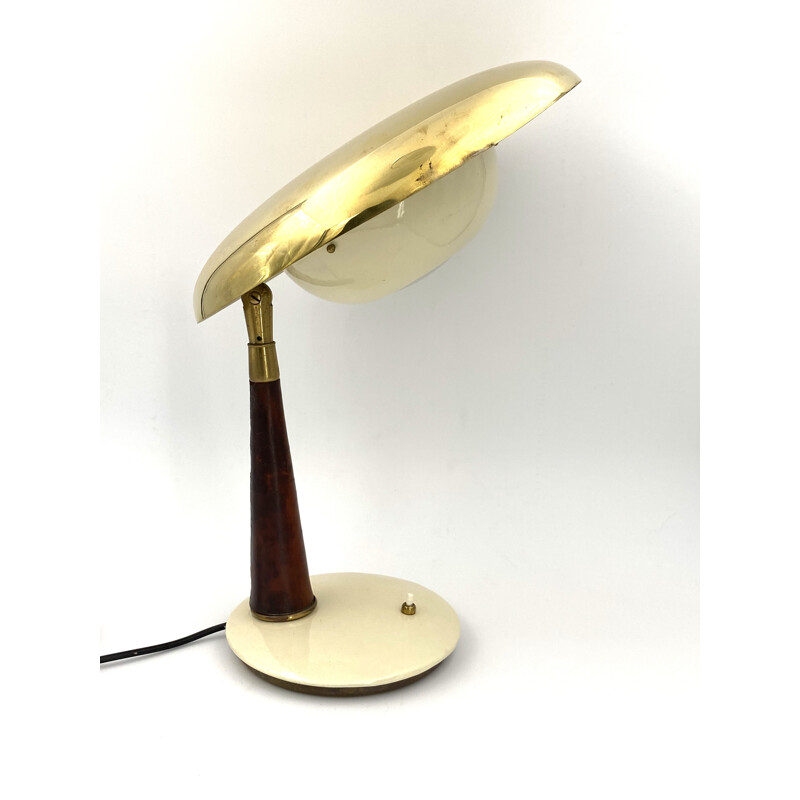 Lampe de bureau vintage de direction en laiton et cuir  Angelo Lelii 1956