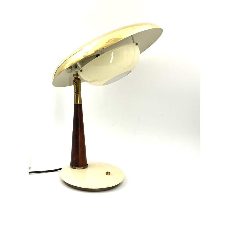 Lampe de bureau vintage de direction en laiton et cuir  Angelo Lelii 1956