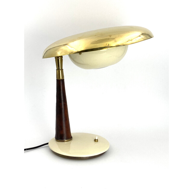 Lampe de bureau vintage de direction en laiton et cuir  Angelo Lelii 1956